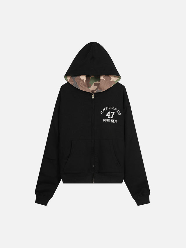Reversible Camouflage Graphic Waffle-Knit Boxy Zip Hoodie
