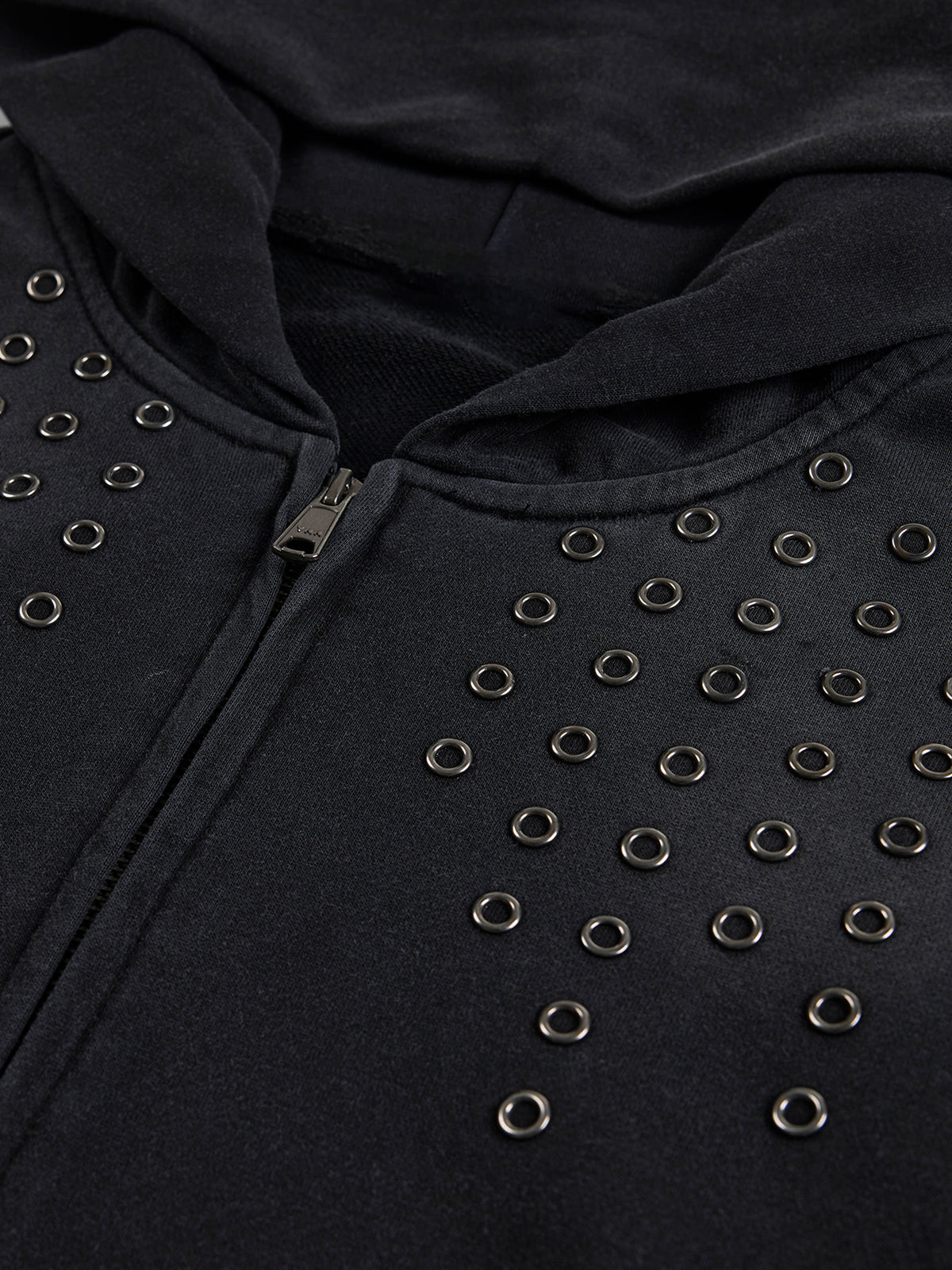Eyelet Cross Studded Washed Boxy Zip Hoodie