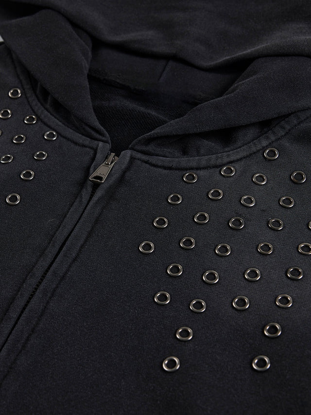 Eyelet Cross Studded Washed Boxy Zip Hoodie