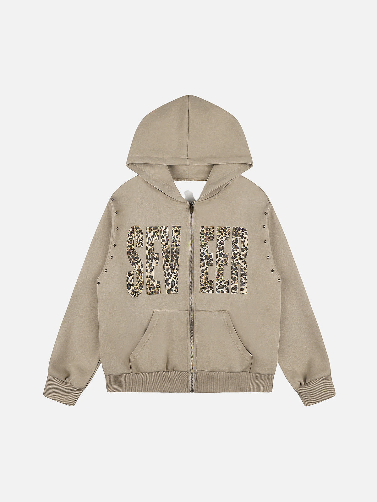Leopard-Print Lettering Oversize Zip-Up Hoodie