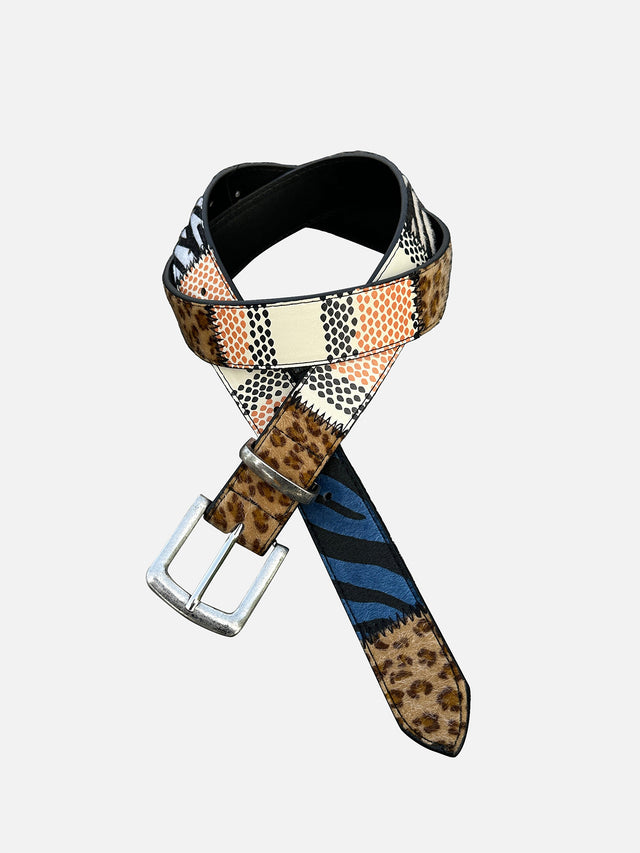 Patchwork Animal-Print Faux-Ponyhair Heavy-Stitch Western Belt