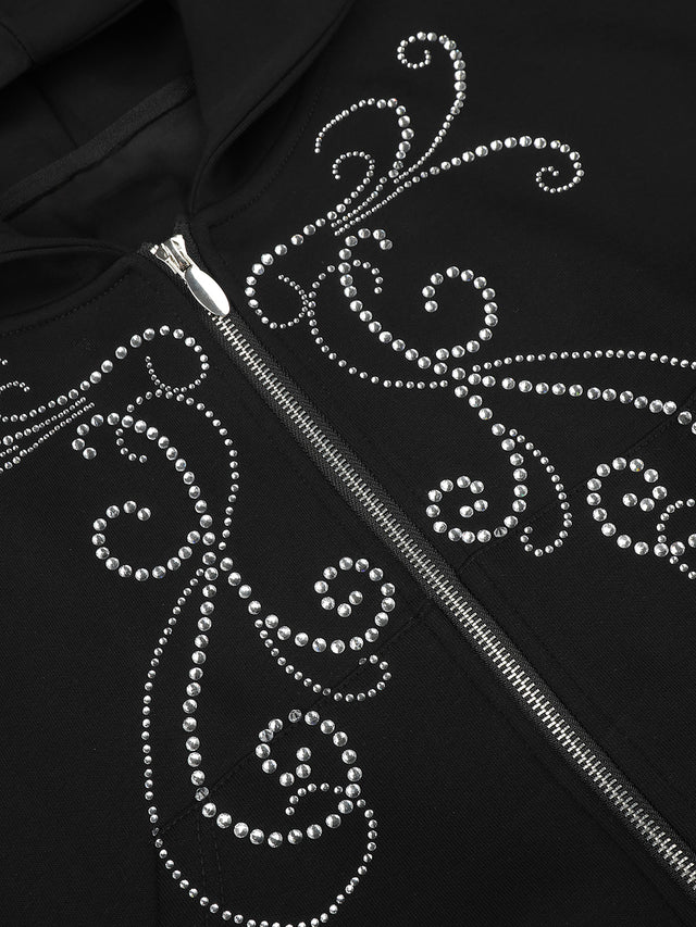 Rhinestone Tribal Butterfly Corset-Hem Boxy Zip Hoodie