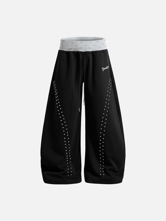 Studded Foldover-Waist Curved-Seam Baggy Sweatpants