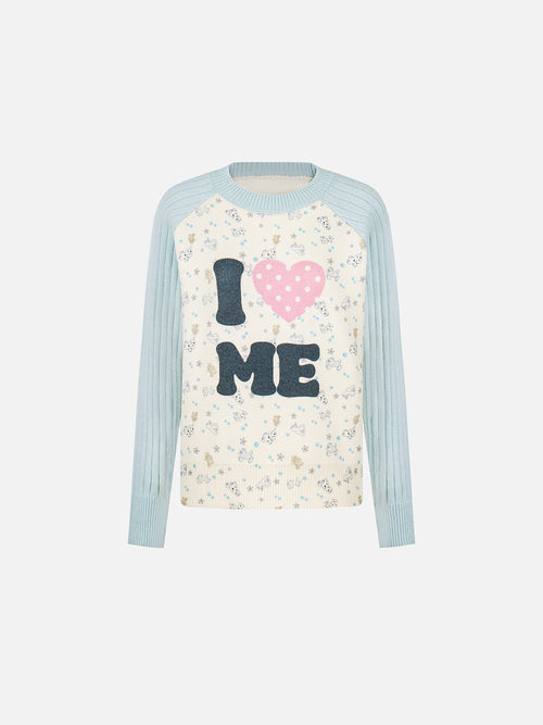 "I ♥ ME" Raglan Ribbed-Sleeve Jacquard Knit Sweater