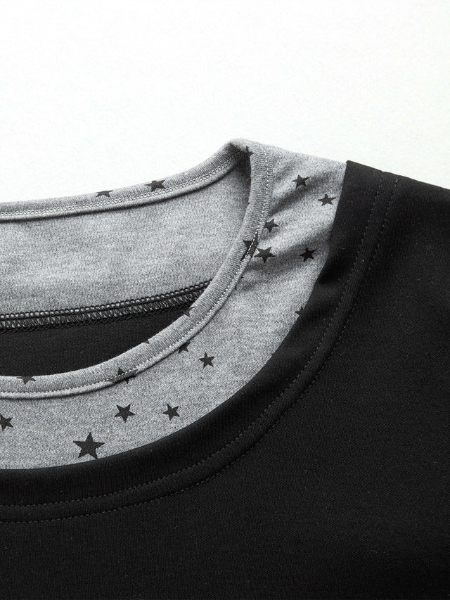 Headphone Music Note Graphic Star-Print Double-Layer Long-Sleeve Slim T-Shirt