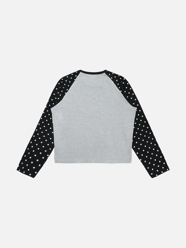 Star-Print Raglan Sleeve Cropped Graphic Long-Sleeve T-Shirt