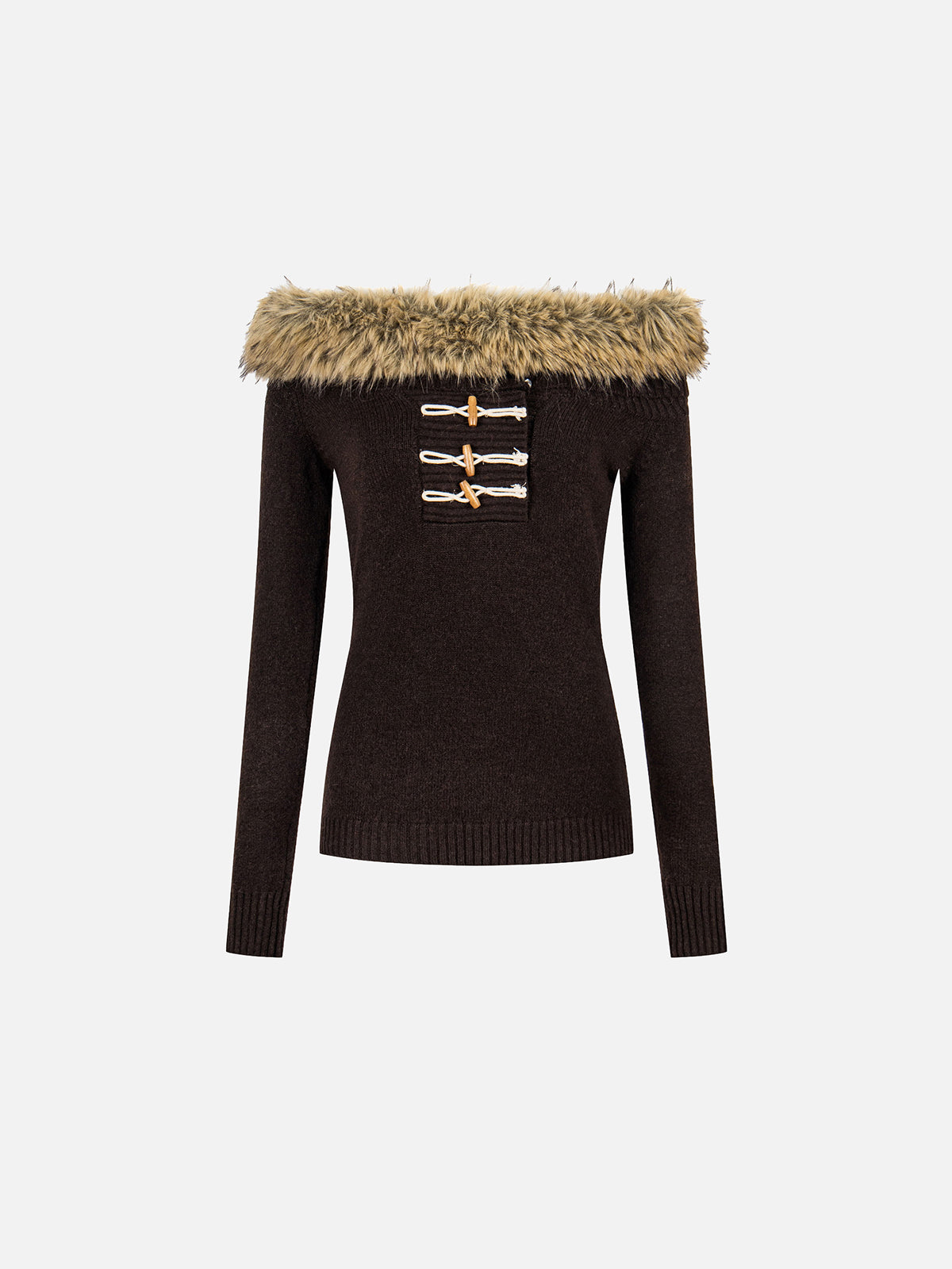 Faux-Fur-Trim Toggle Off-Shoulder Slim Knit Sweater