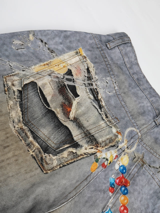 Graphic Toy-Print Distressed Acid-Wash Baggy Jeans