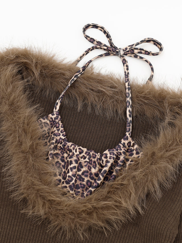 Faux-Fur Trim Ribbed Knit Leopard Halter-Layered Slim Top