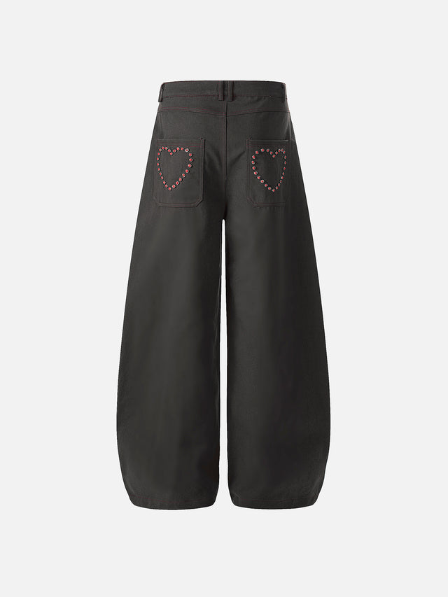 Heart-Studded Pocket Curved-Seam Baggy Wide-Leg Denim Pants