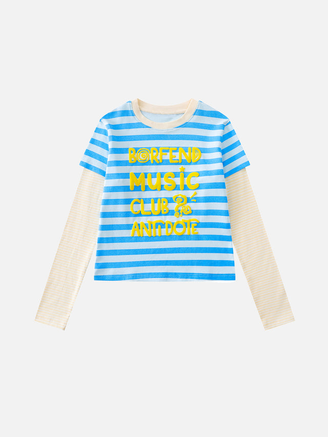 Striped Double-Layer Music Graphic Cropped Long-Sleeve T-Shirt