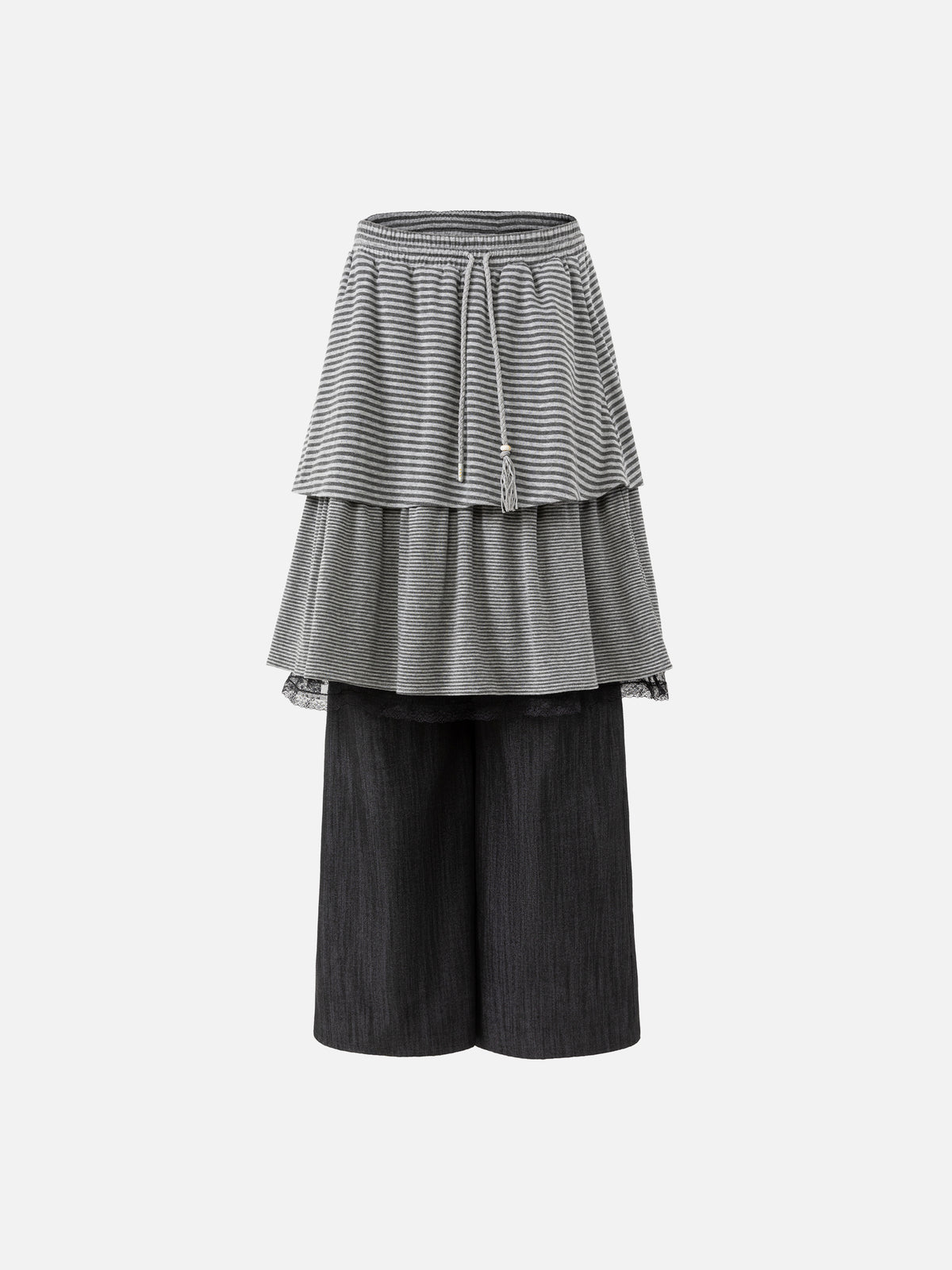 Layered Striped Ruffled-Skirt Baggy Pants
