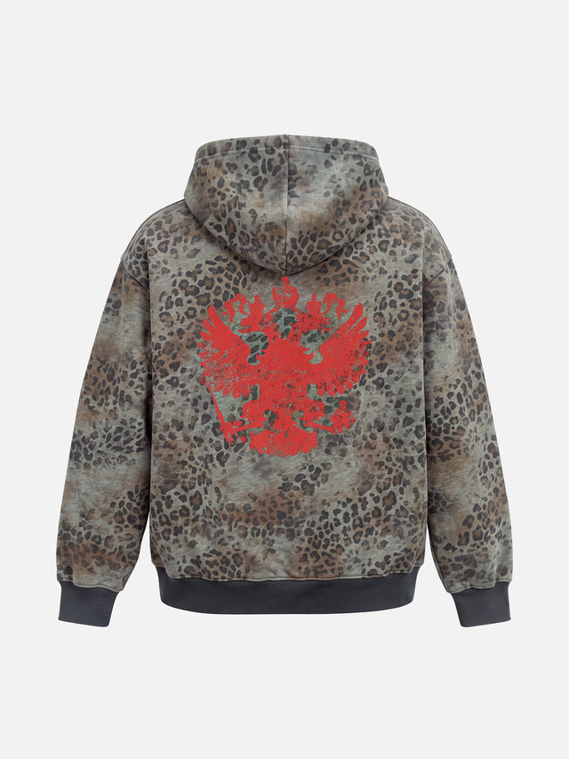 Tribal Studded Leopard Graphic Double-Headed Eagle Boxy Zip Hoodie