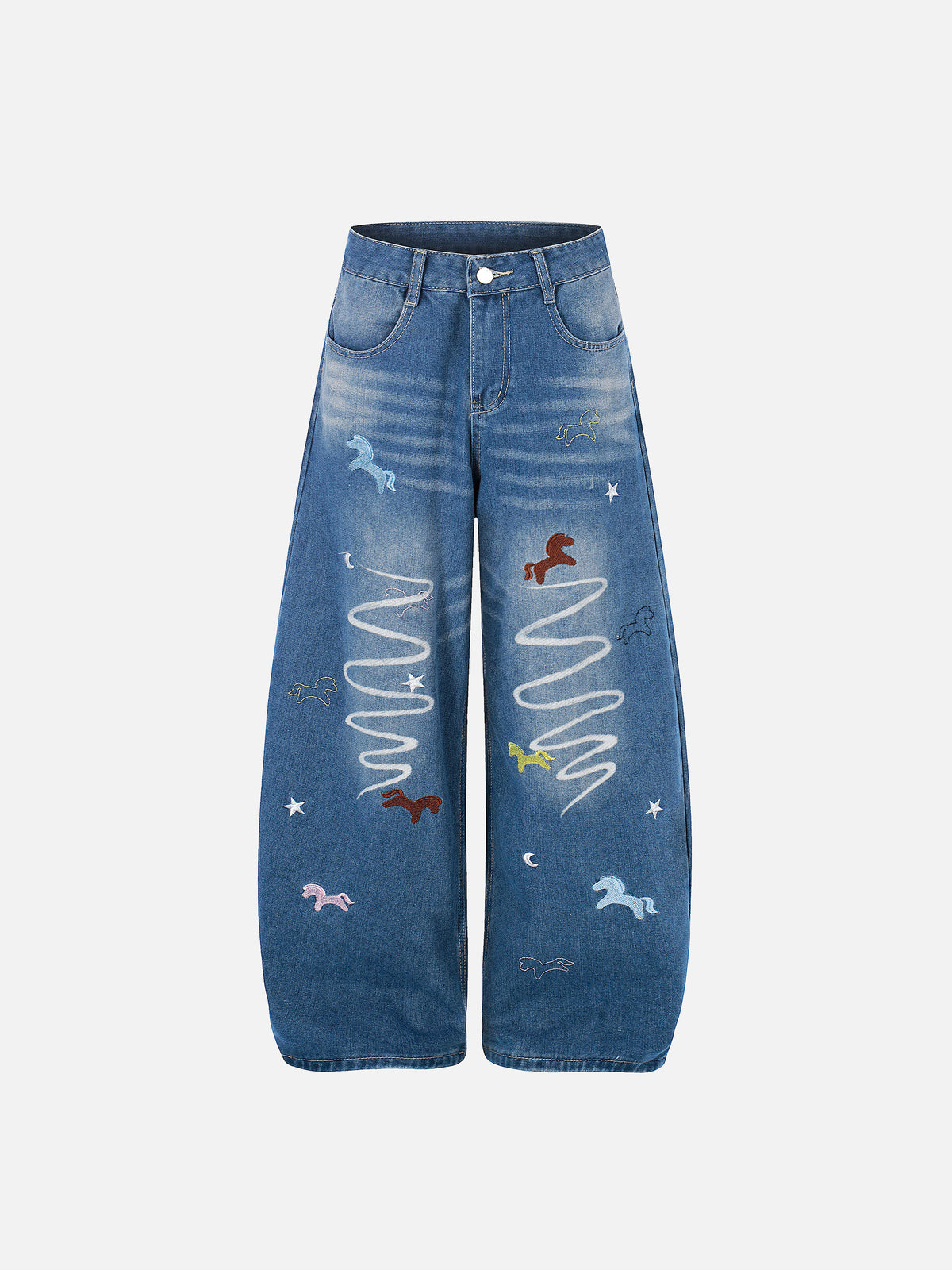 Horse-Embroidered Baggy Jeans