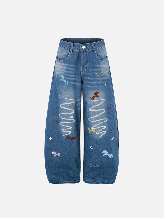 Horse-Embroidered Baggy Jeans
