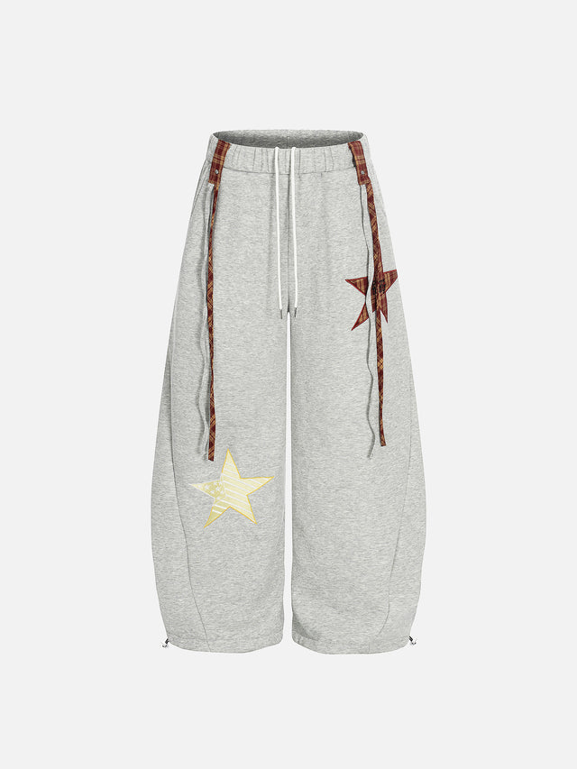 Plaid Ribbon Suspenders Star Appliqué Baggy Balloon Sweatpants