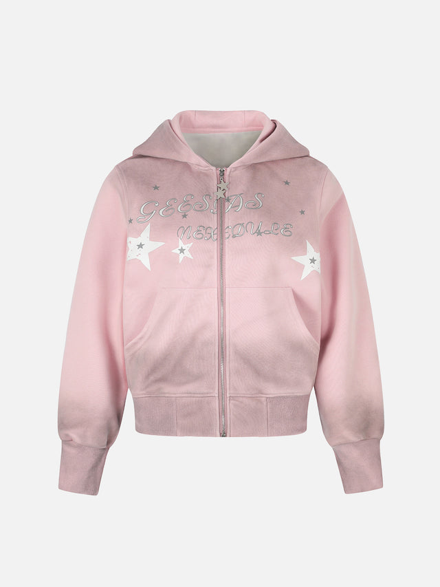 Star-Graphic Rhinestone-Trim Distressed Boxy Zip-Up Hoodie
