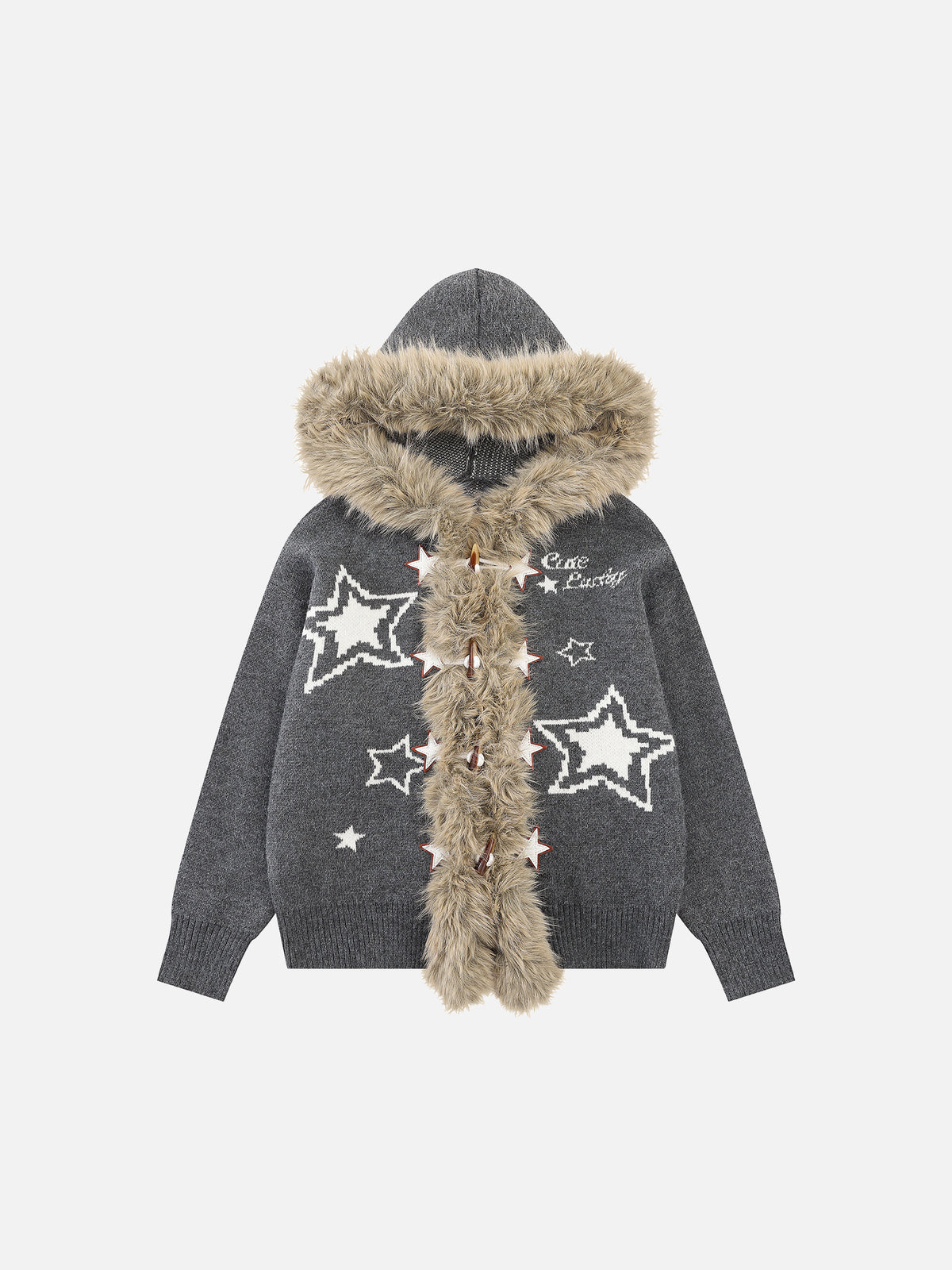 Faux-Fur-Trim Star-Jacquard Oversized Hooded Knit Cardigan