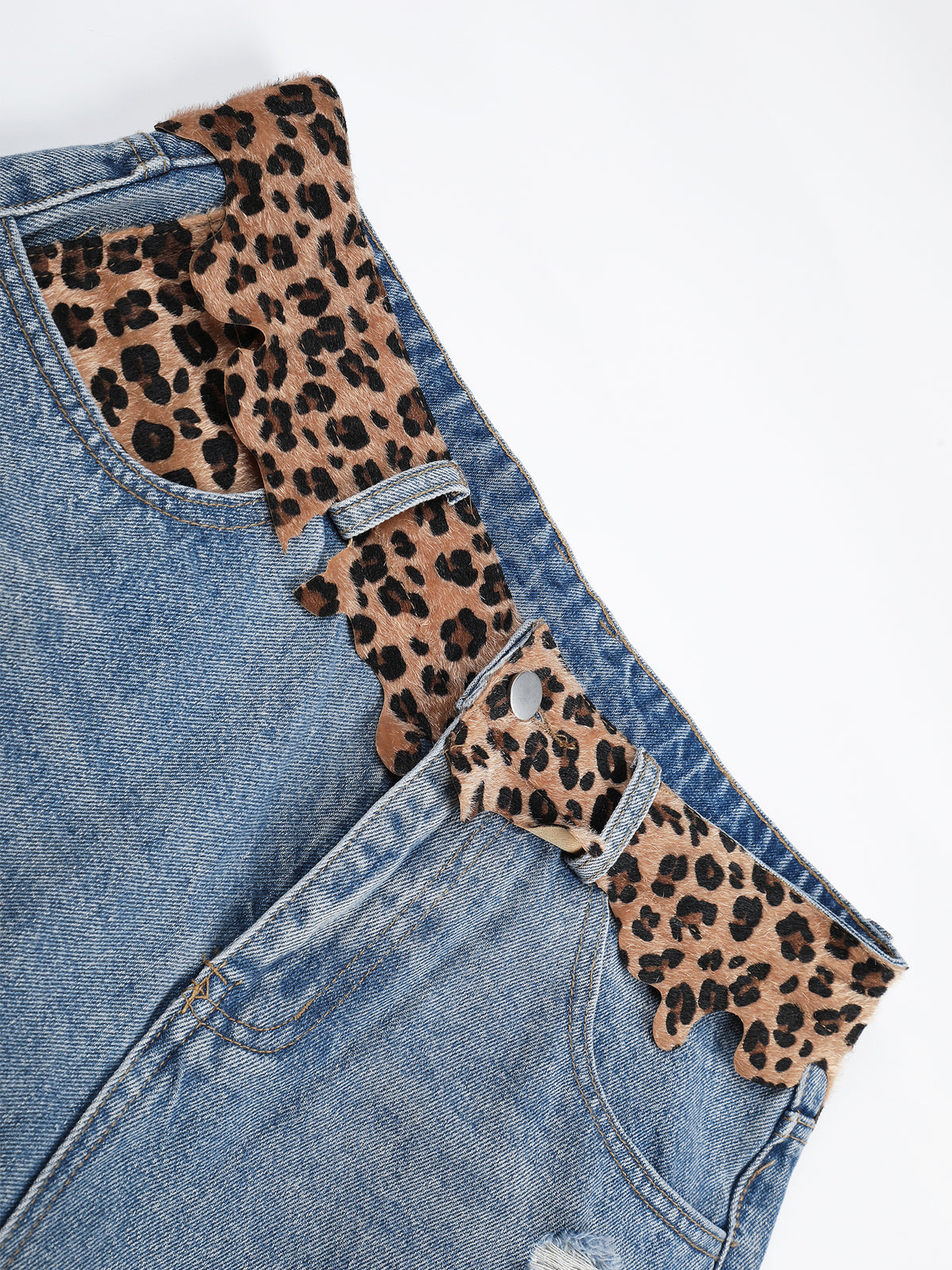 Leopard-Print Trim Distressed Denim Shorts