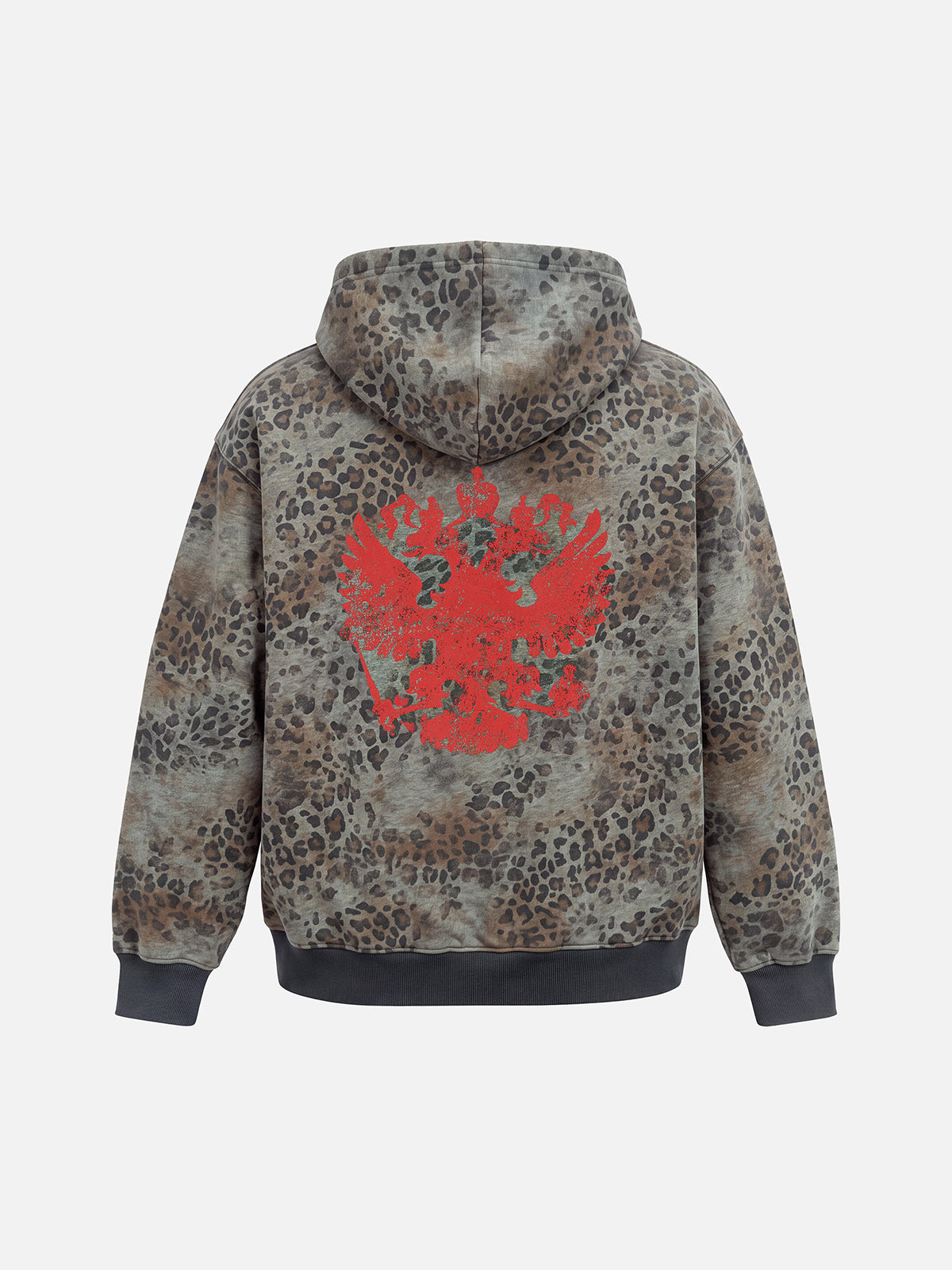 Tribal Studded Leopard Graphic Double-Headed Eagle Boxy Zip Hoodie