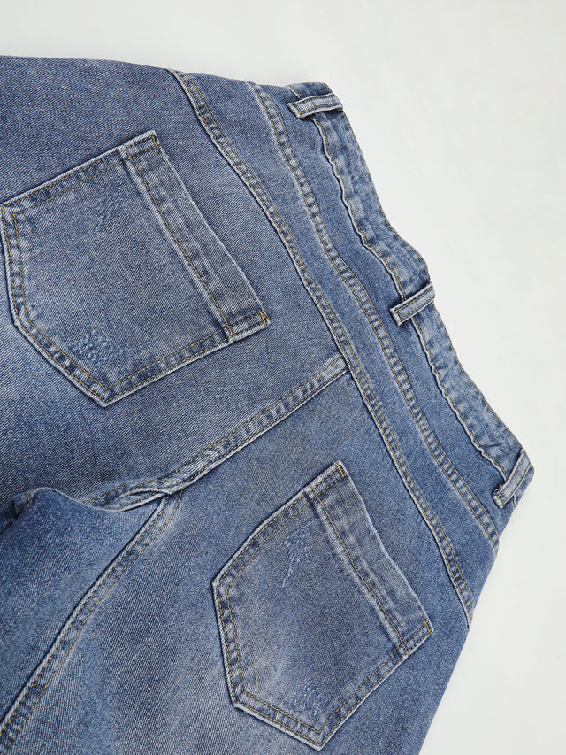 Double-Waist Contrast-Panelled Baggy Jeans