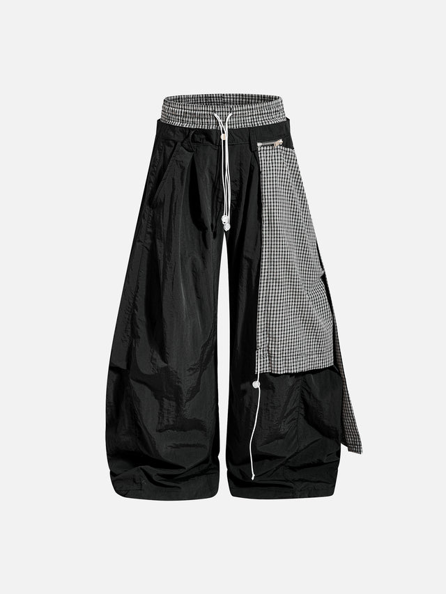 Plaid-Panel Asymmetric Double-Waistband Super Baggy Parachute Pants
