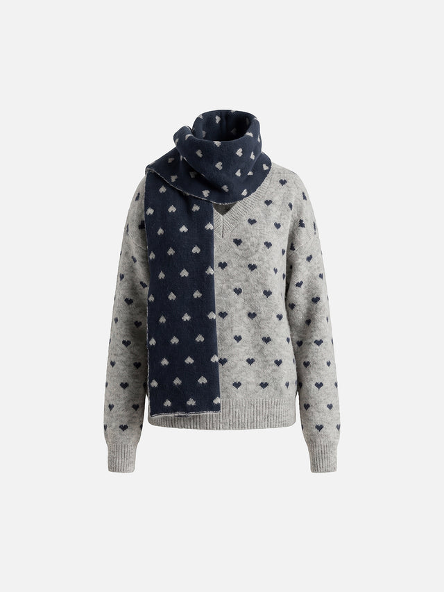 All-Over Heart Jacquard V-Neck Sweater With Matching Knit Scarf Set