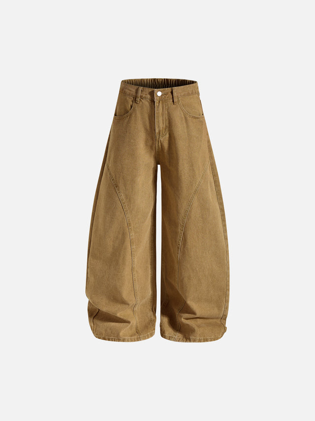 Curved-Panel Seam Star-Embroidered Baggy Denim Jeans