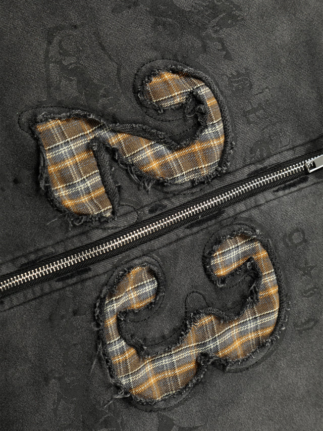 Ombré Wash Plaid Appliqué Number 23 Boxy Zip Hoodie