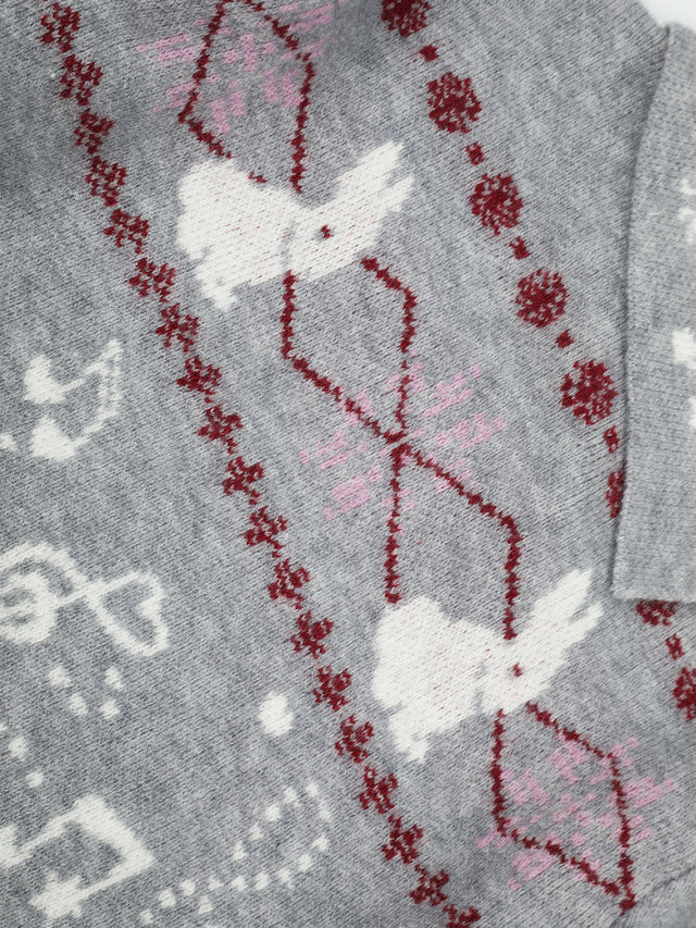 Bunny Argyle Jacquard Asymmetrical Foldover Collar Cable-Waist Slim Knit Sweater