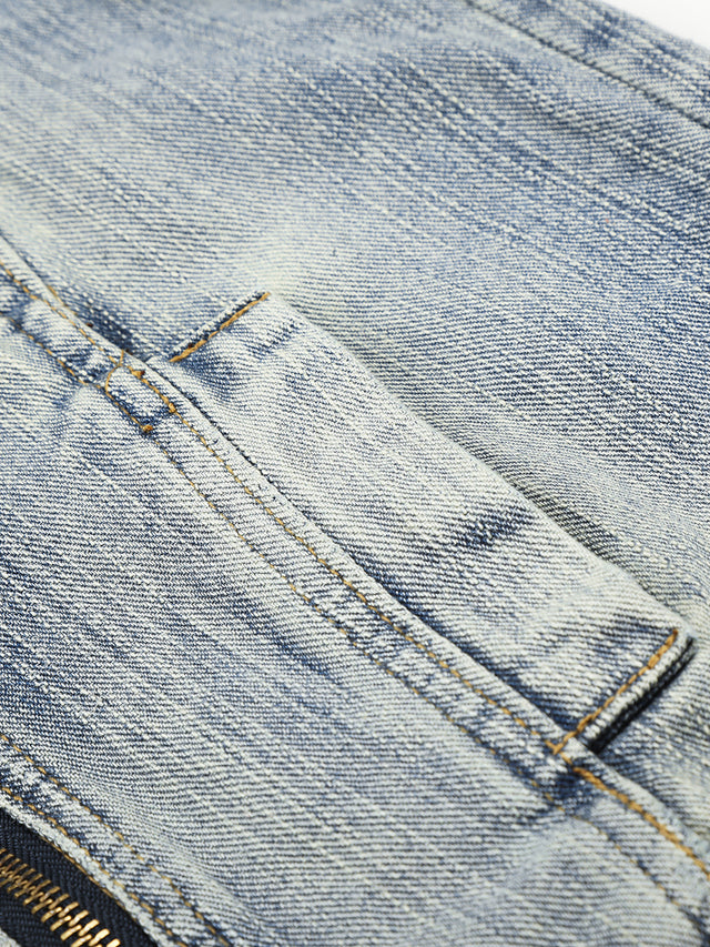 Washed Asymmetric-Zip Moto Boxy Denim Jacket