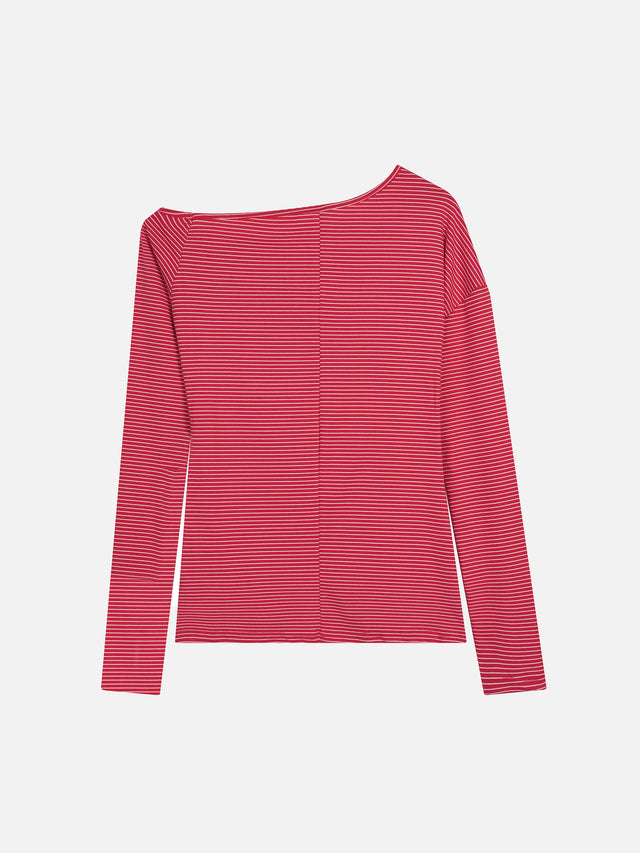 Striped Off-Shoulder Chain-Graphic Loose Long-Sleeve Top
