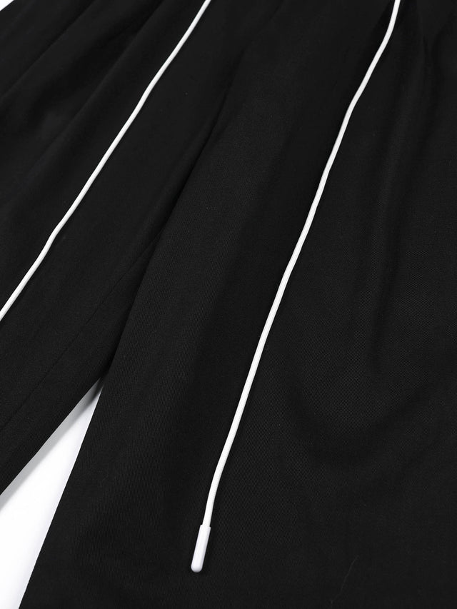 Lace Double-Waistband Contrast-Piping Baggy Barrel Pants