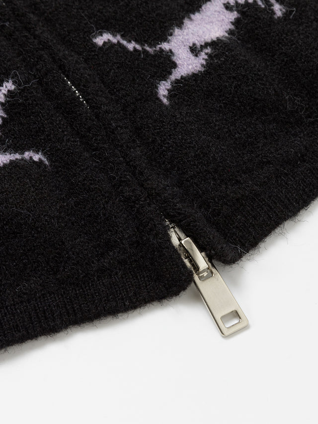 Cat-Jacquard Open-Knit Slim Zip Cardigan