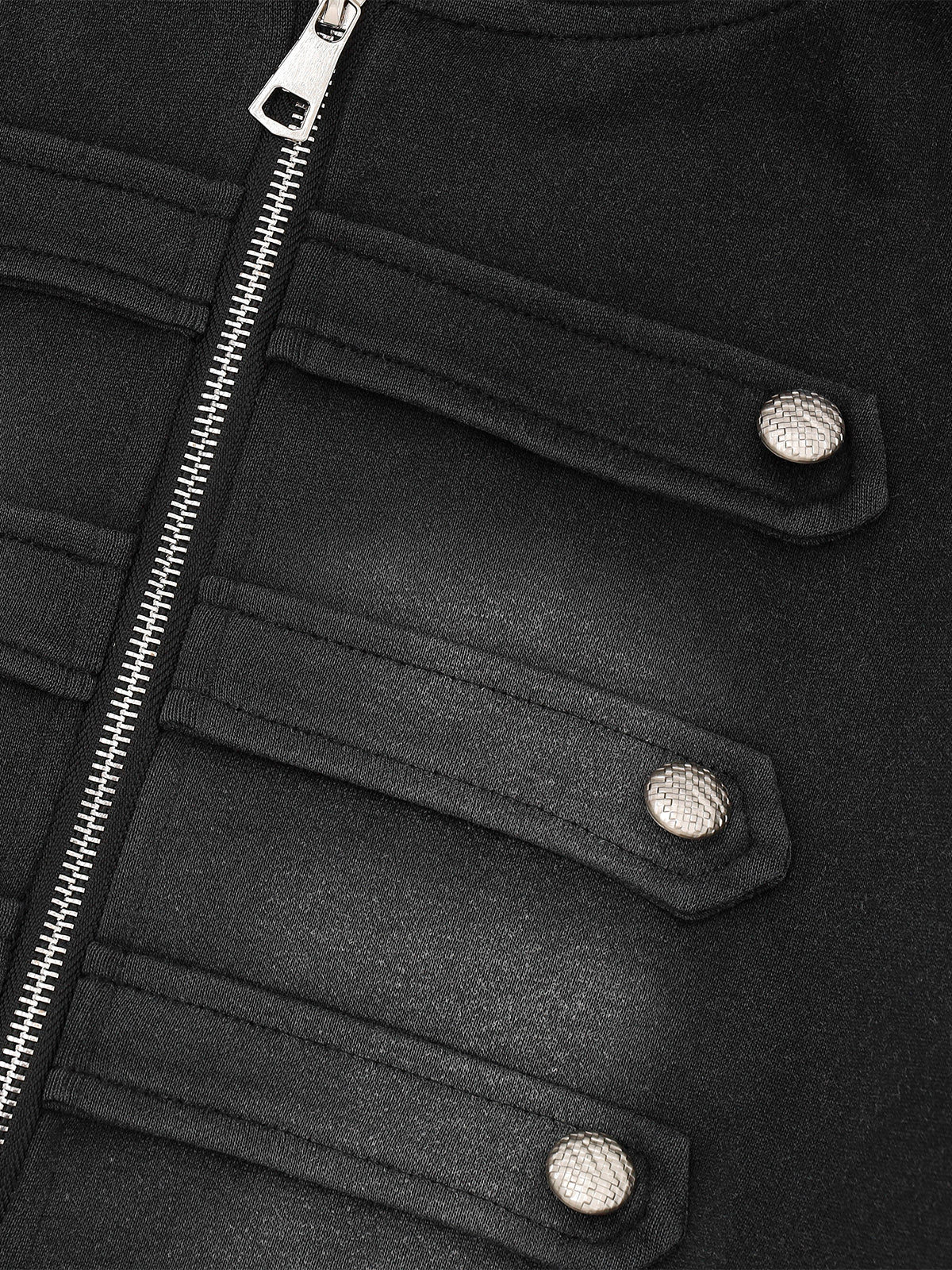 Buttoned Military-Trim Oversized Zip-Up Hoodie