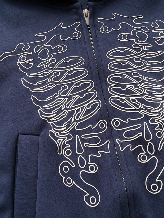 Tribal Ribcage Graphic Print Zip-Up Boxy Hoodie