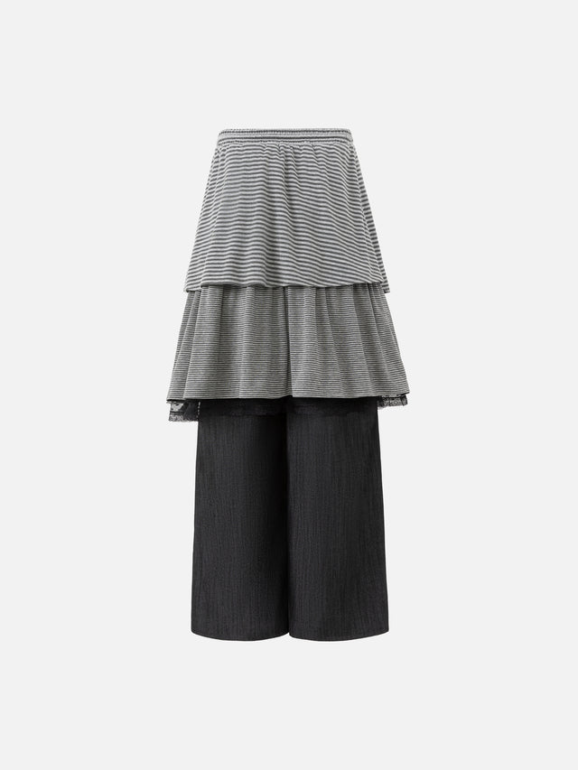 Layered Striped Ruffled-Skirt Baggy Pants