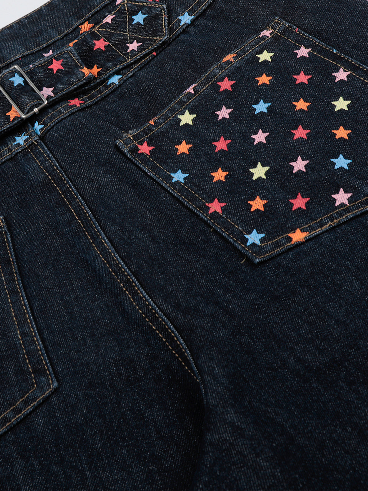 Rainbow Star Embroidered Cinch-Back Baggy Denim Jorts