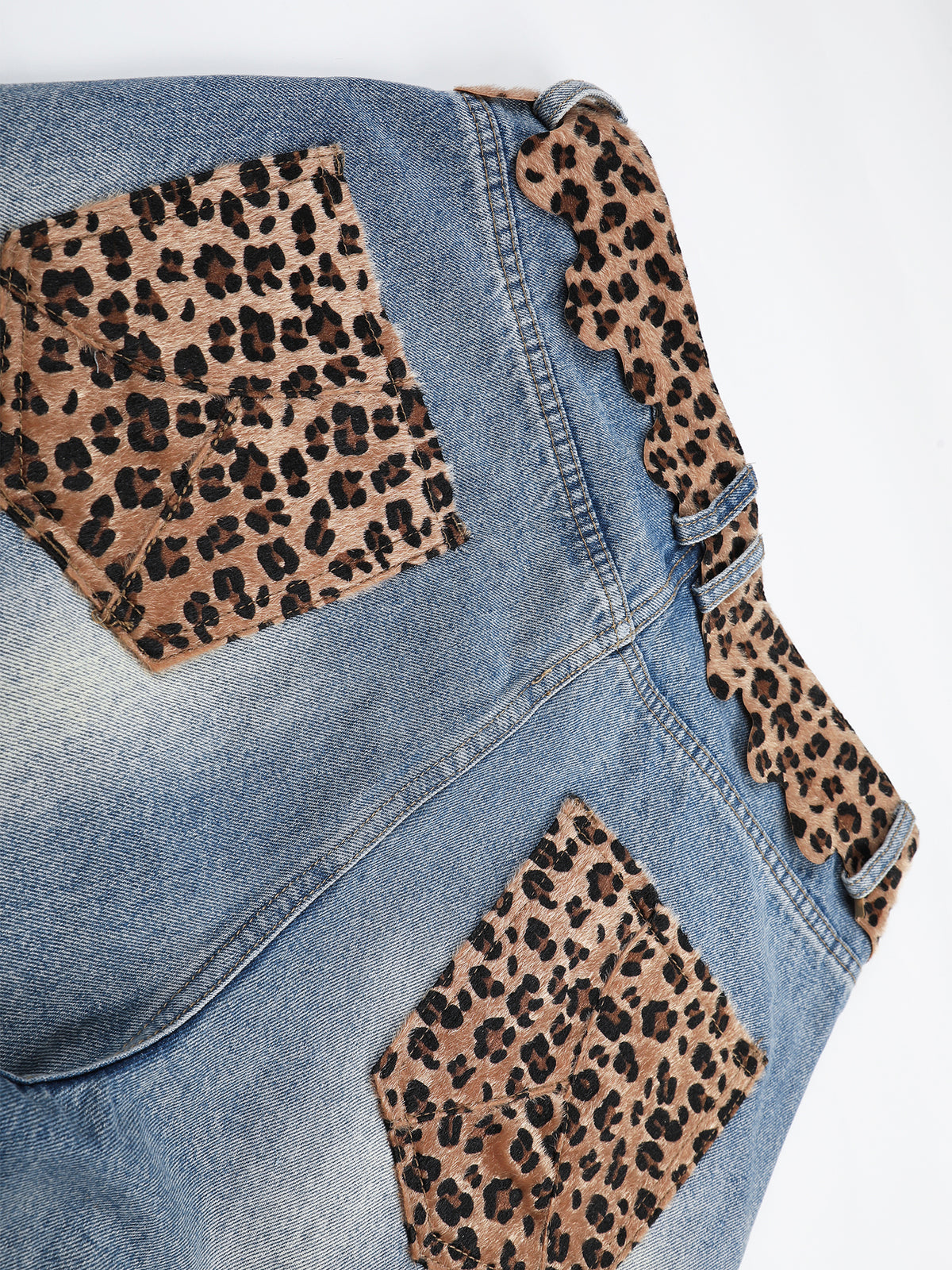 Leopard-Print Trim Distressed Denim Shorts