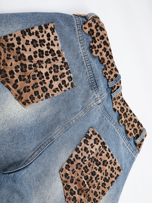 Leopard-Print Trim Distressed Denim Shorts