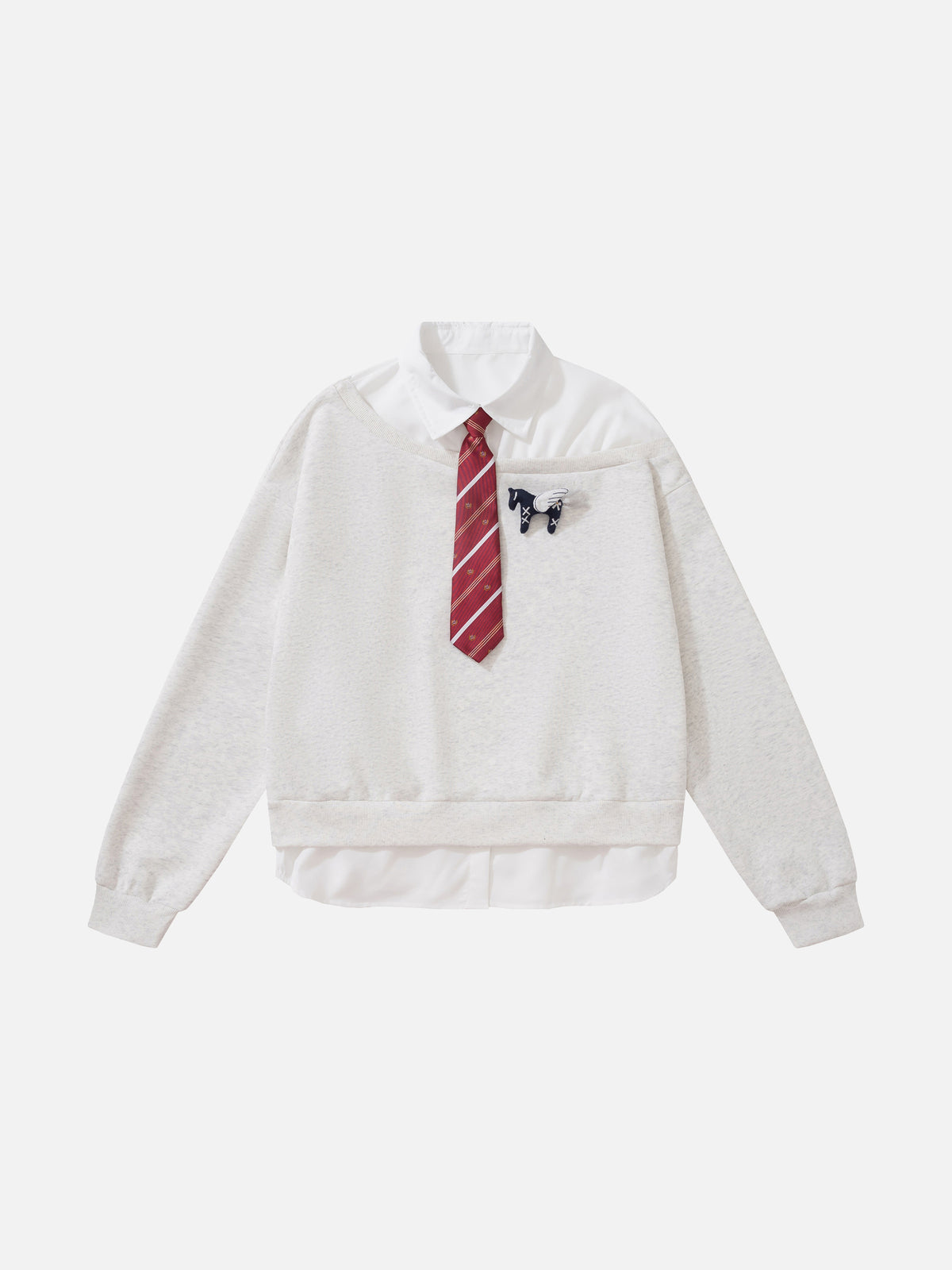 Plaid Shirt-Layered Tie-Detail Oversized Sweatshirt