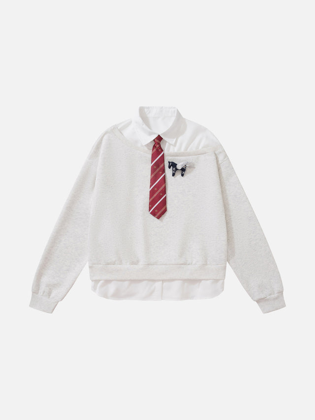 Plaid Shirt-Layered Tie-Detail Oversized Sweatshirt