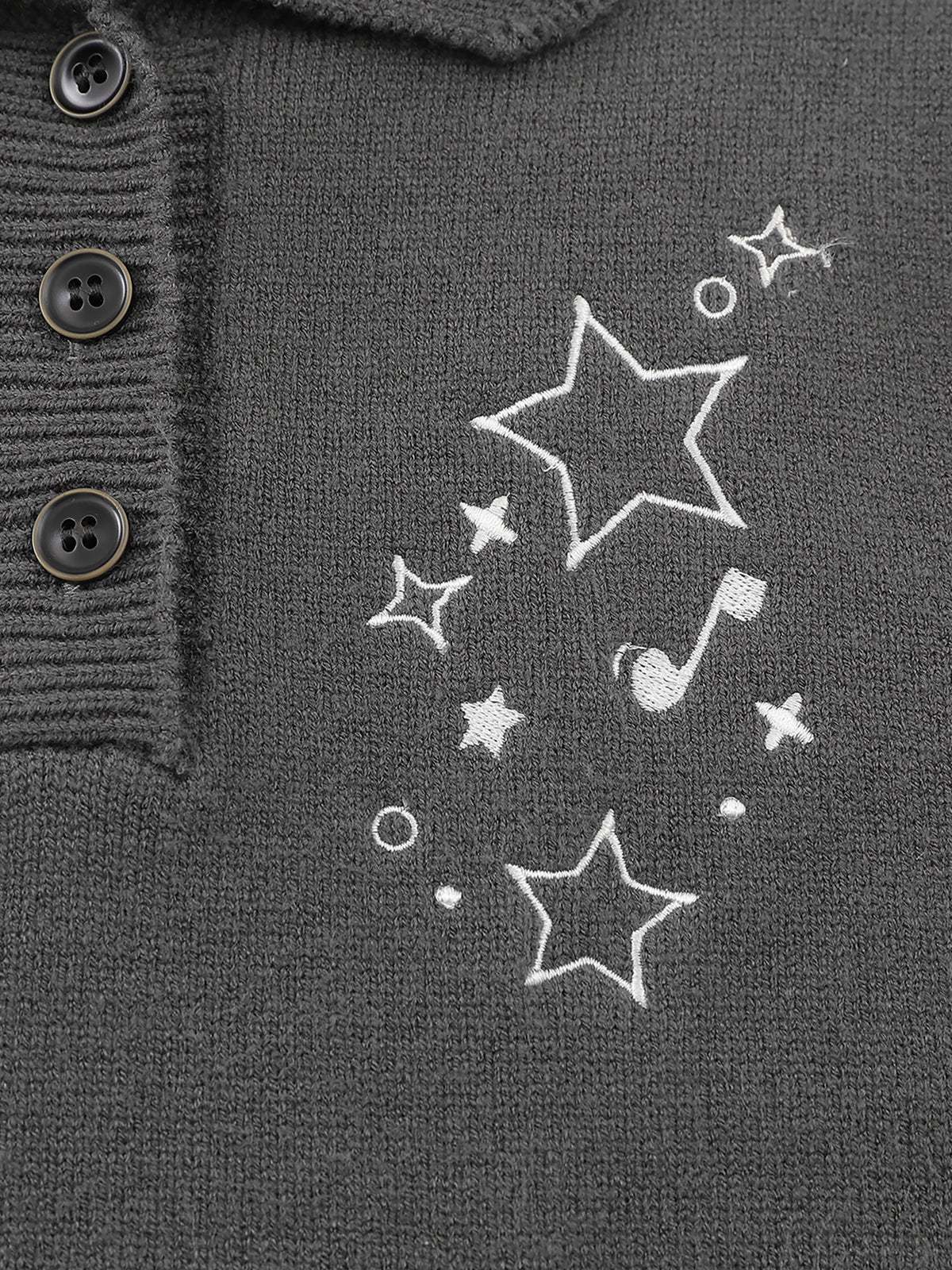 Star-Embroidered Bow-Pocket Boxy Knit Polo Shirt