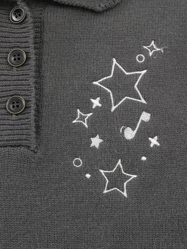 Star-Embroidered Bow-Pocket Boxy Knit Polo Shirt