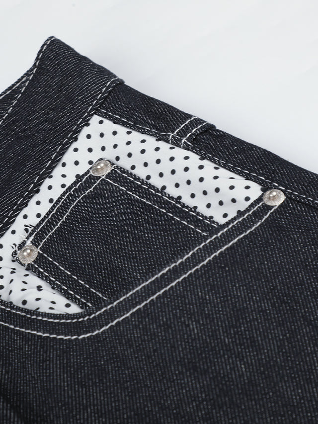 Polka-Dot Panelled Turn-Up Straight-Leg Jeans