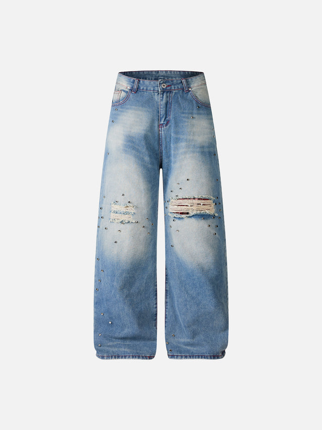 Studded Distressed Straight-Leg Jeans