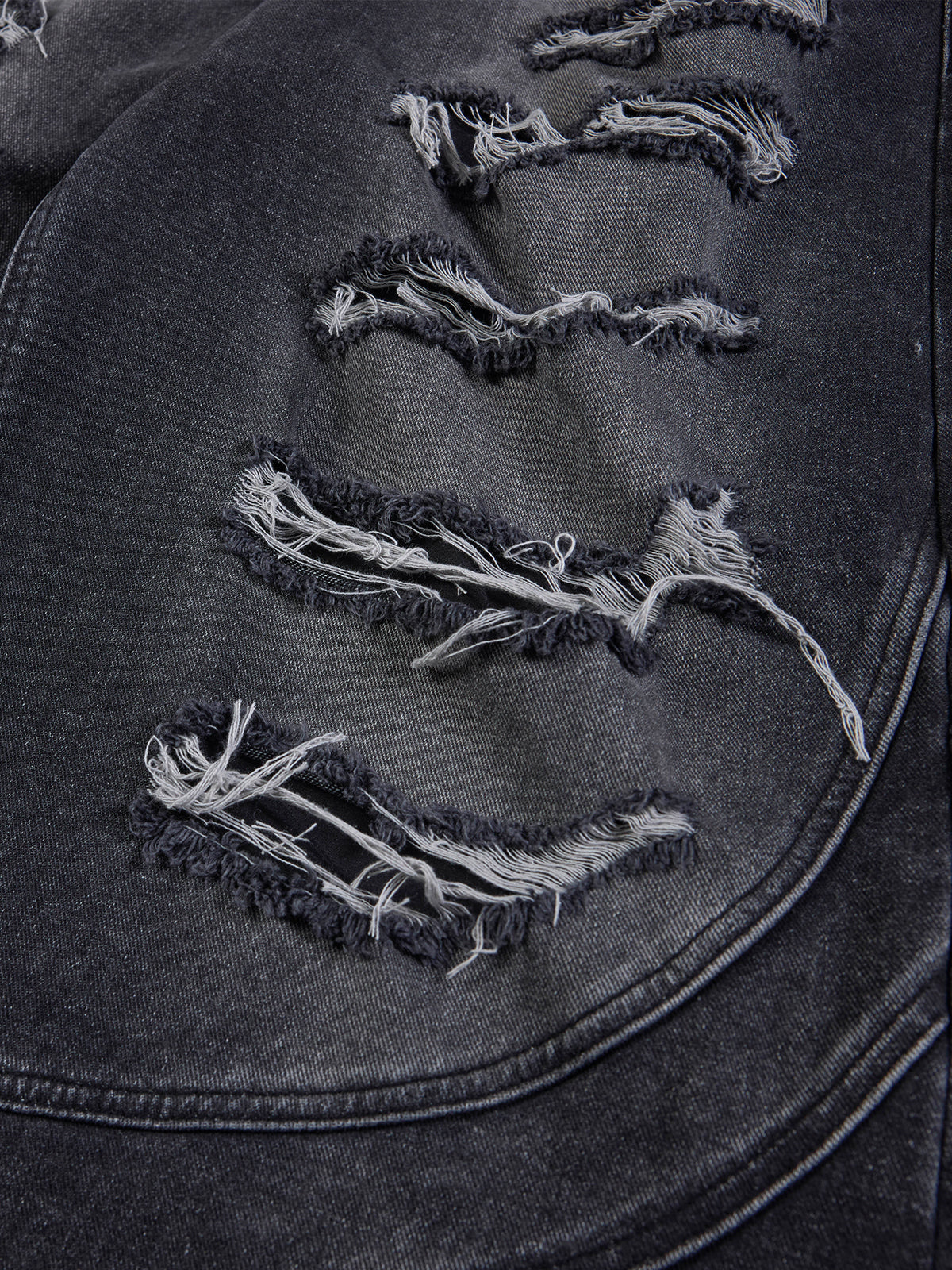 Distressed Cross-Embroidered Baggy Jeans