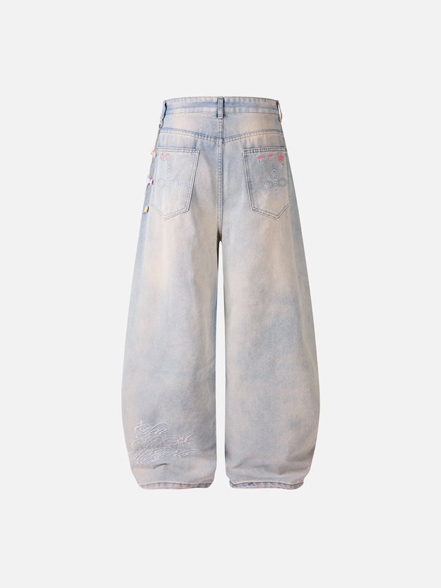 Pink Distressed Beaded Baggy Jeans