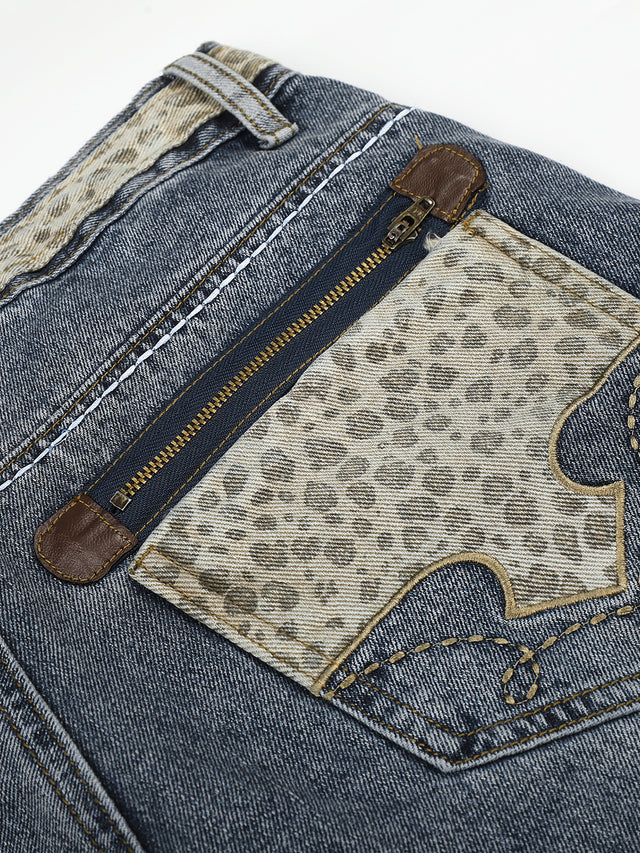 Leopard-Trim Straight-Leg Jeans
