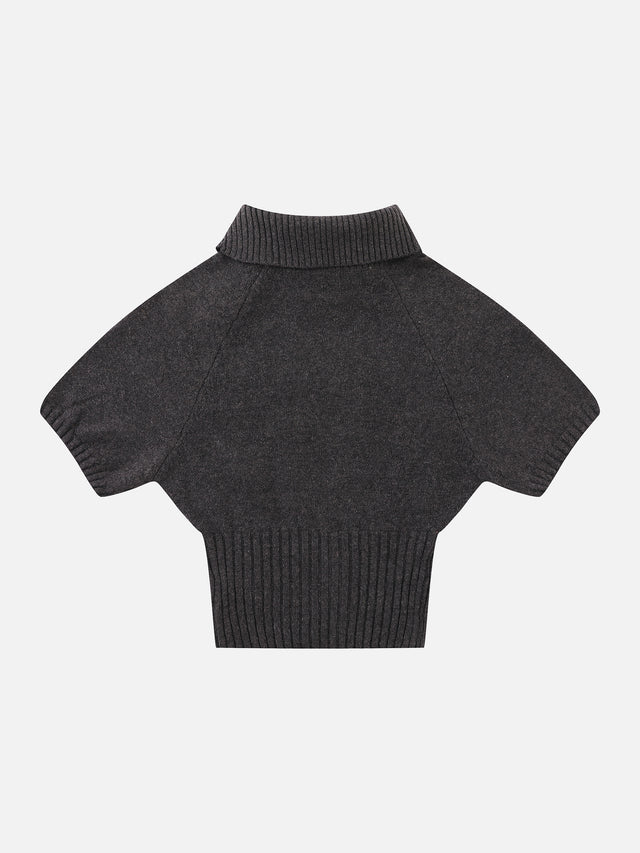 Wool-Blend Cable-Knit Asymmetrical-Collar Slim-Fit Short-Sleeve Sweater